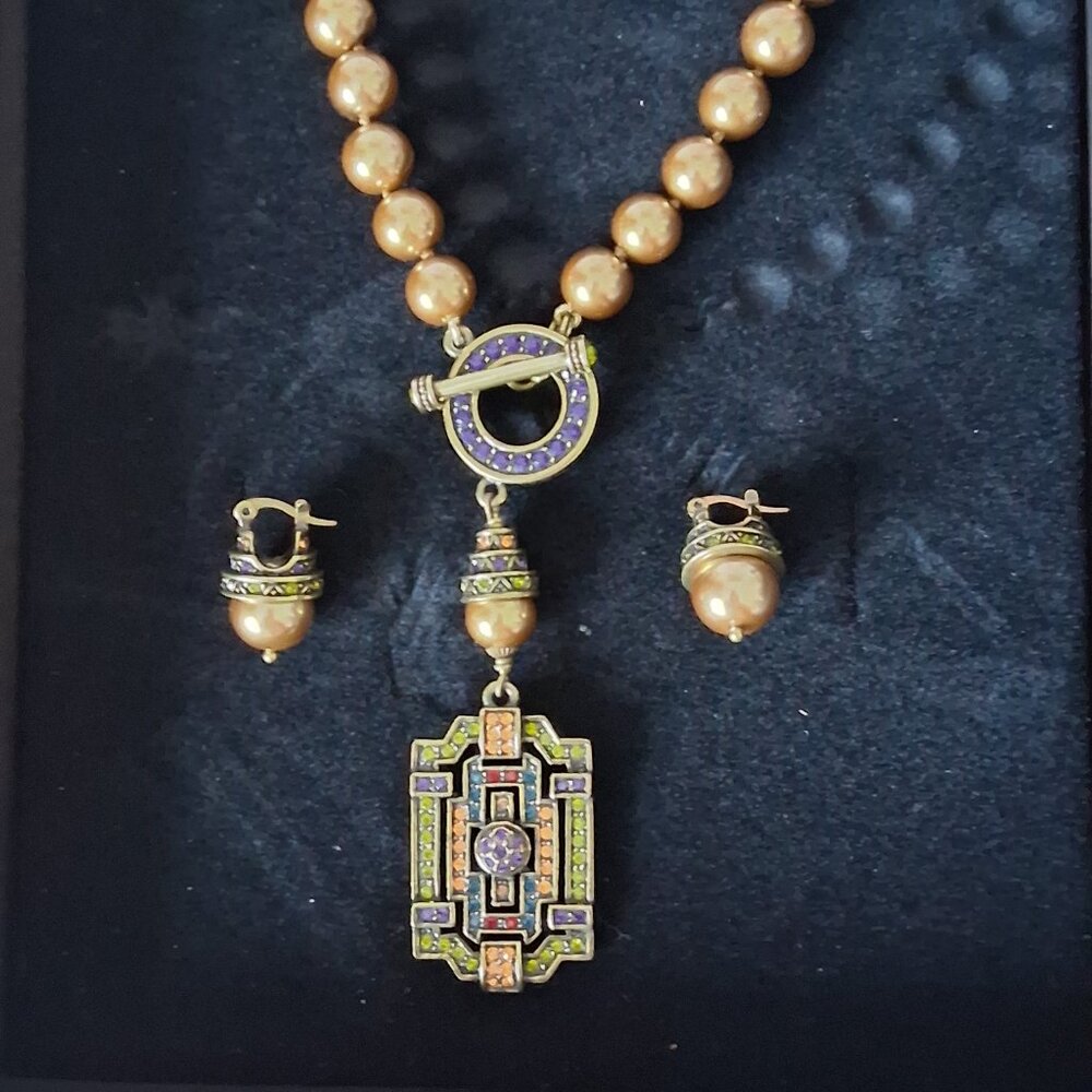 HEIDI DAUS GOLD PEARL ART DECO PENDANT NECKLACE & EARRINGS WITH CRYSTALS NIB